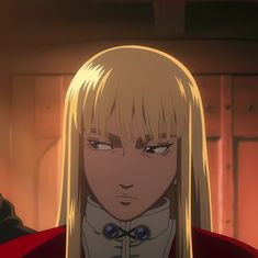 an anime character with long blonde hair and blue eyes looking at the camera while wearing a red cape