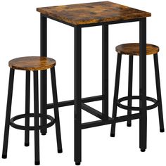 the table and stools are made out of metal with wood top, black frame