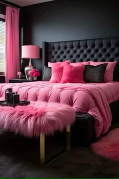 a bed with pink fur on it in a black and white bedroom, next to a window