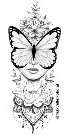 a drawing of a butterfly with flowers on it's wings and the face of a woman