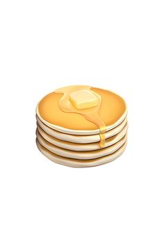 a stack of yellow plates with butter on the top and sauce in the middle, against a white background