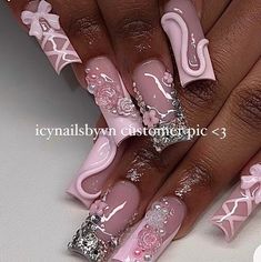 Boujee Nails Acrylic Medium, Pink Bling Nails Rhinestones Sparkle, Pink And Silver Birthday Nails, Long Cute Nail Designs, Xxxl Nails Designs, Glam Pink Nails, Pink Nails Extra, Lace Nails Designs, Cute Bling Nails