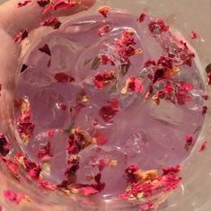 a hand holding a glass filled with ice and pink flowers on it's rim