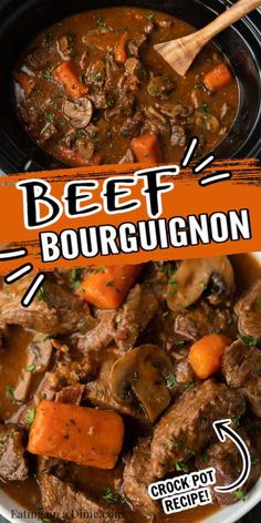 beef bourguignon in a slow cooker with carrots and parsley