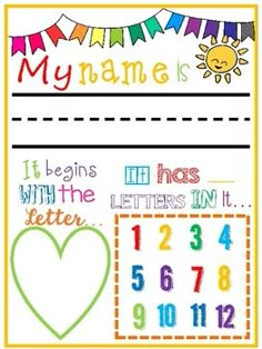 a poster with the words my name is written in different colors and numbers on it