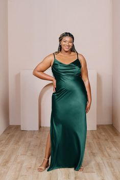 Model: Ashtyn; Size: 20 Tall Moh Dress, Classic Gown, Wedding Parties Colors, Emerald Green Dresses, Green Bridesmaid, Bridesmaid Dress Colors, Green Bridesmaid Dresses, Cowl Neckline, Dress Silhouette