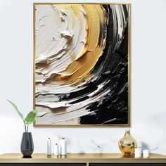 an abstract painting hangs on the wall above a dresser