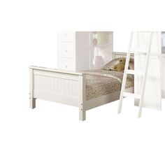 a white bed with a ladder next to it