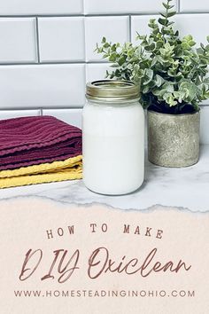 a jar filled with white liquid sitting on top of a counter next to a potted plant