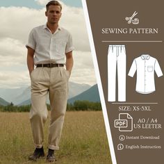 Get a big discount with the Bundle Shop Pattern: https://www.etsy.com/listing/1695033562/Men's Set Bundle Pattern, Sewing Patterns for Men, Men Short Sleeve Shirt,Man Trouser pattern, Men Pants Pattern,Men Shirt Pattern Format : US Letter, A0 Write a message if you want the A4 format Seam allowances are included. All seams 1 cm; seam allowance for hem of garment and hem of sleeve - 2.0 cm Size: XS - 5XL Language : English Sewing instructions: This pattern is of intermediate complexity, but it is