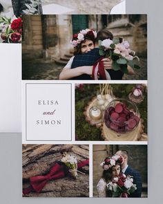 a collage of photos with flowers, candles and other things in the background that says ellsa and simon