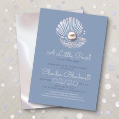 a little pearl is on the way in this baby shower party card, it's blue and white