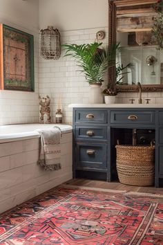 a bathroom with a rug, sink and bathtub next to a large mirror on the wall