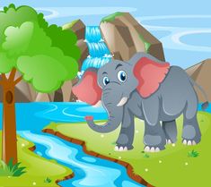 an elephant standing in front of a river with waterfall on the other side and trees