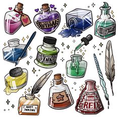 various bottles and ink pens are shown in this drawing style, with stars on the background