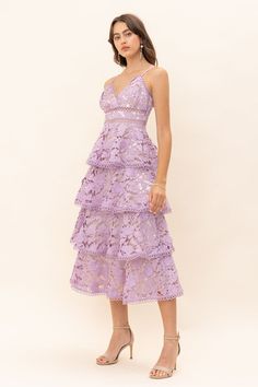 Graduation Guest Outfit Ideas: Find the Perfect Look for the Occasion Purple Floral Midi Dress, Lace Tiered Dress, Purple Garden Party Dress, Mauve Lace Dress, Lilac Midi Dress, Lavender Lace Dress, Lavender Midi Dress