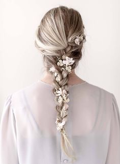 Floral long bridal hair vine - Extra long blushing blossom and crystal hair vine - Style #912 | Twigs & Honey ®, LLC Bridesmaid Hair Long Down, Bridal Hairpieces, Silk Flower Crown, Haku Lei, Long Bridal Hair, Crystal Hair Vine, Boho Wedding Hair, Hair Adornments, Princess Hairstyles