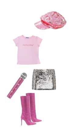 the doll is wearing pink boots and a t - shirt with silver sequins