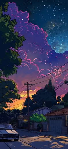 the sky is filled with purple clouds as the sun sets over some houses and trees