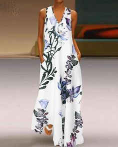 Women's A Line Dresses, Sundress Casual, Deep V Neck Dress, Printed Long Dresses, Maxi Robes, Long Summer Dresses, Necklines For Dresses, Loose Dress, Bohemian Dress