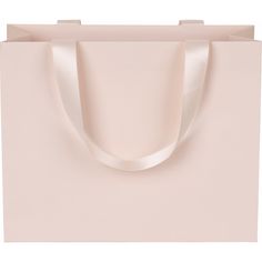 a light pink shopping bag with a white ribbon on the front and bottom handles, isolated against a white background