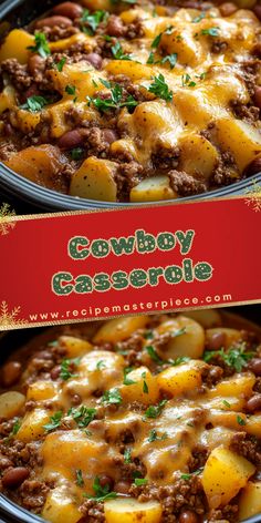 two bowls of cowboy casserole with potatoes and meat in them on a table