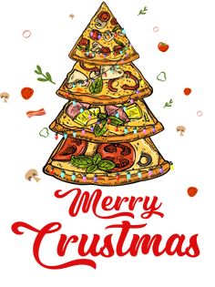 a merry christmas card with a tree made out of pizza slices and toppings on it