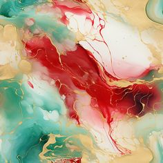 an abstract painting with red, green and gold colors on it's surface that looks like fluid paint