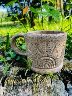 a coffee cup sitting on top of a tree stump