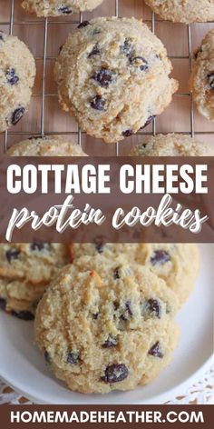 collage of cottage cheese protein cookies on a white plate