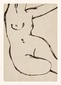 a black and white drawing of a nude woman with her hands behind her back, on a beige background