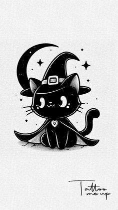 a black and white drawing of a cat wearing a witches hat