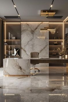 an office with marble walls and flooring is shown in this modern style home office