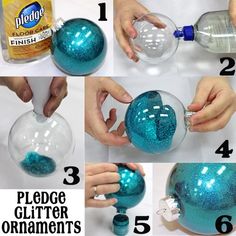 instructions to make an ornament out of plastic balls with glue and glitter on them