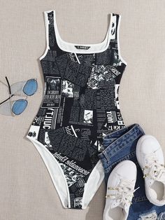 Body tank unido en contraste con estampado de periódico Belly Shirts, Best Casual Outfits, Newspaper Print, Newspaper Printing, Hairdos For Curly Hair, Tank Bodysuit, Body Suit Outfits, Print Bodysuit