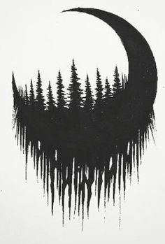 a black and white drawing of trees with a half moon in the background