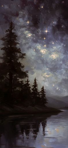 the night sky is full of stars and clouds over water with pine trees in the foreground