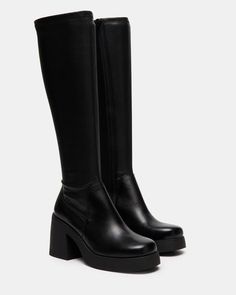 Long Black Platform Boots, Chunky Boots Steve Madden, Black Boot Going Out Outfit, Black Boots High Knee, Black Leather Knee Boots, H&m Boots Black, Steve Madden High Boots, Classy Platform Heels, Black Knee High Platform Boots