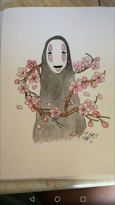 a drawing of a person wearing a mask and holding a branch with pink flowers on it