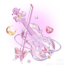 a drawing of a violin and butterflies on a pink background