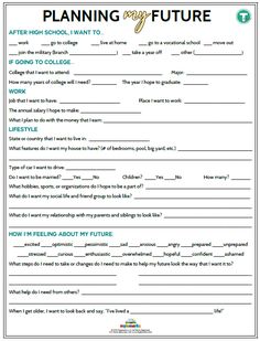 the printable worksheet for planning my future