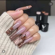 Pretty Nail Ideas Acrylic Fall, Pretty Brown Nails Acrylic, Pink Fall Acrylic Nails, Fall Brown Nails Design, Fall Nail Designs Acrylic Square, Celebratory Nails, November Acrylic Nail Designs, Fall Nails Long Square