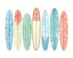 five surfboards lined up in a row with watercolors on the top and bottom