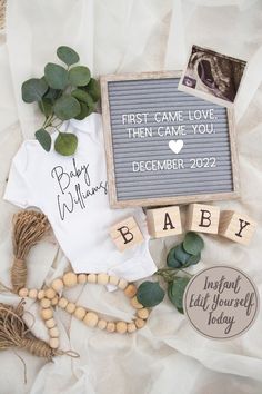 a baby announcement with wooden blocks and greenery next to it is the first game i love then came you