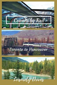 the canadian rail line is shown in three different pictures, with trees and mountains behind it