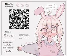 a girl with long hair and bunny ears on her head is standing in front of a qr code