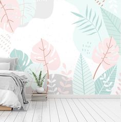 a bedroom scene with a bed, plant and wallpaper on the walls in pastel colors