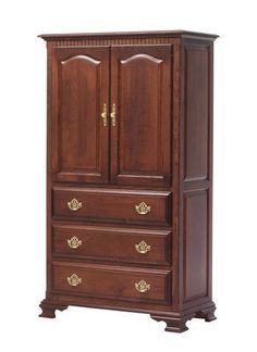 an armoire with two doors and drawers on the bottom shelf, in dark wood