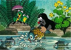 an image of a cartoon scene with fish in the water and frog on the other side