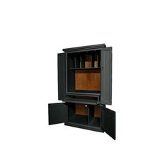 a black cabinet with two doors open on the side and one door closed to reveal an empty shelf